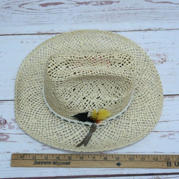 BAILEY U-ROLLIT Straw Western Rodeo Hat Brown Ribbon/Orange Feather - Size 6 3/4 - Picture 5 of 6